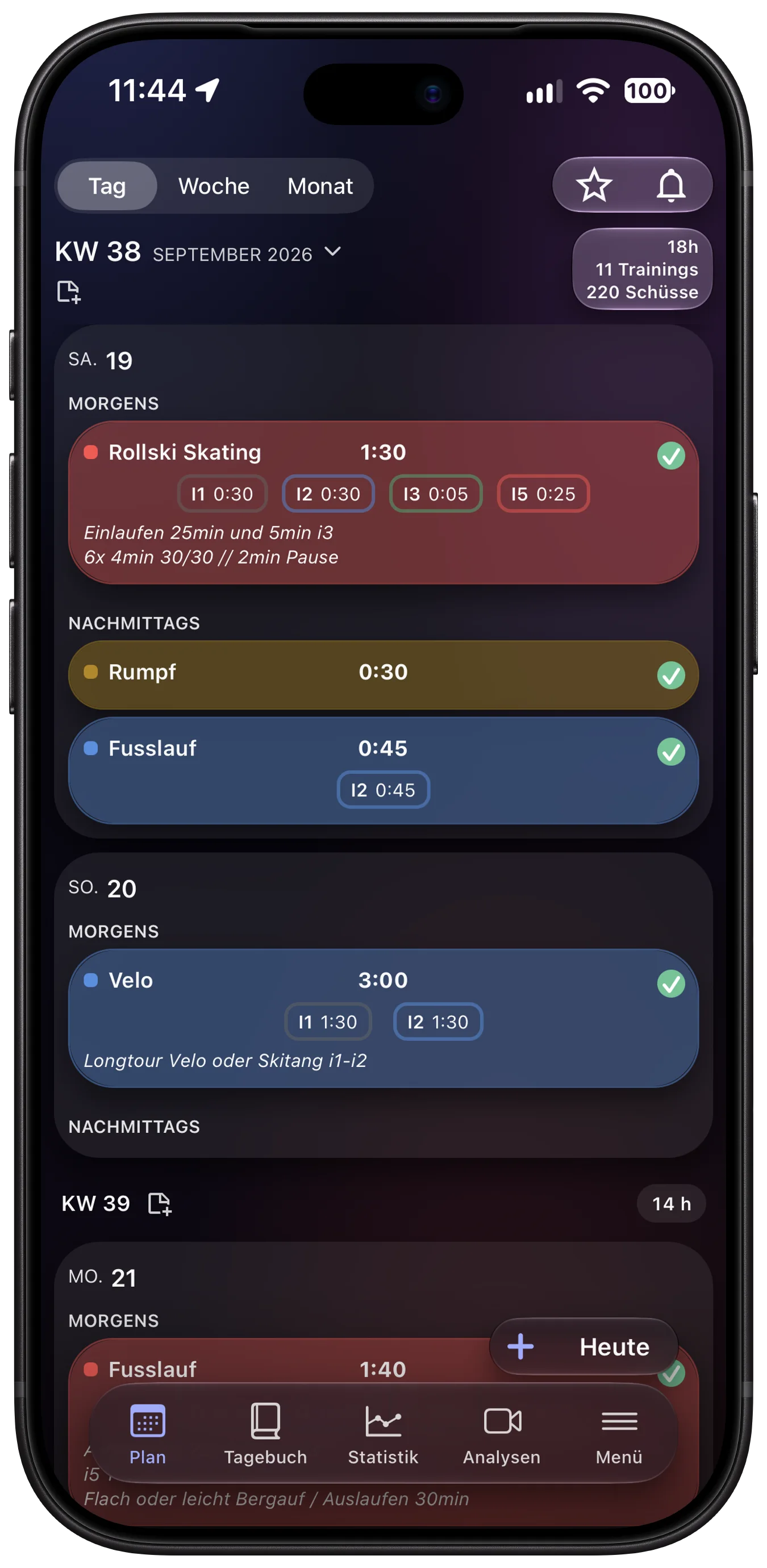 Calendar on the iPhone: a week of planned sessions with zones