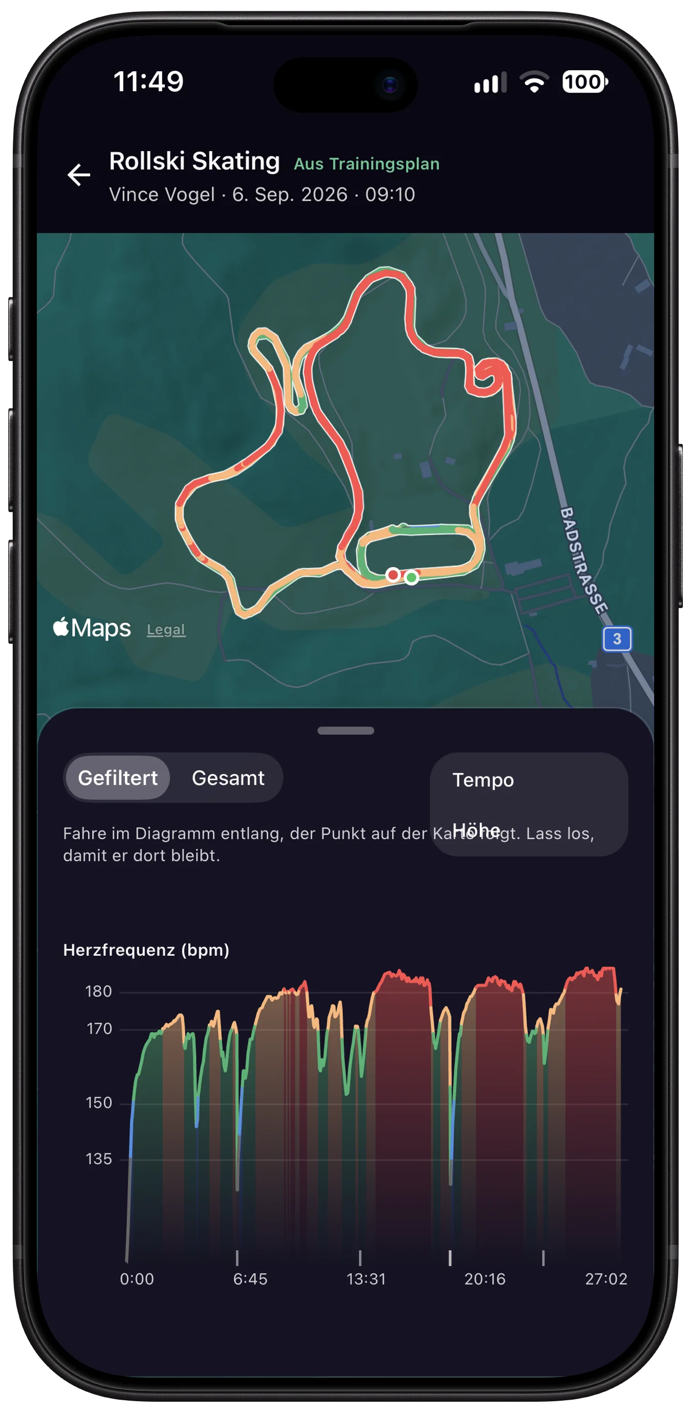 An imported session: route on the map with heart rate