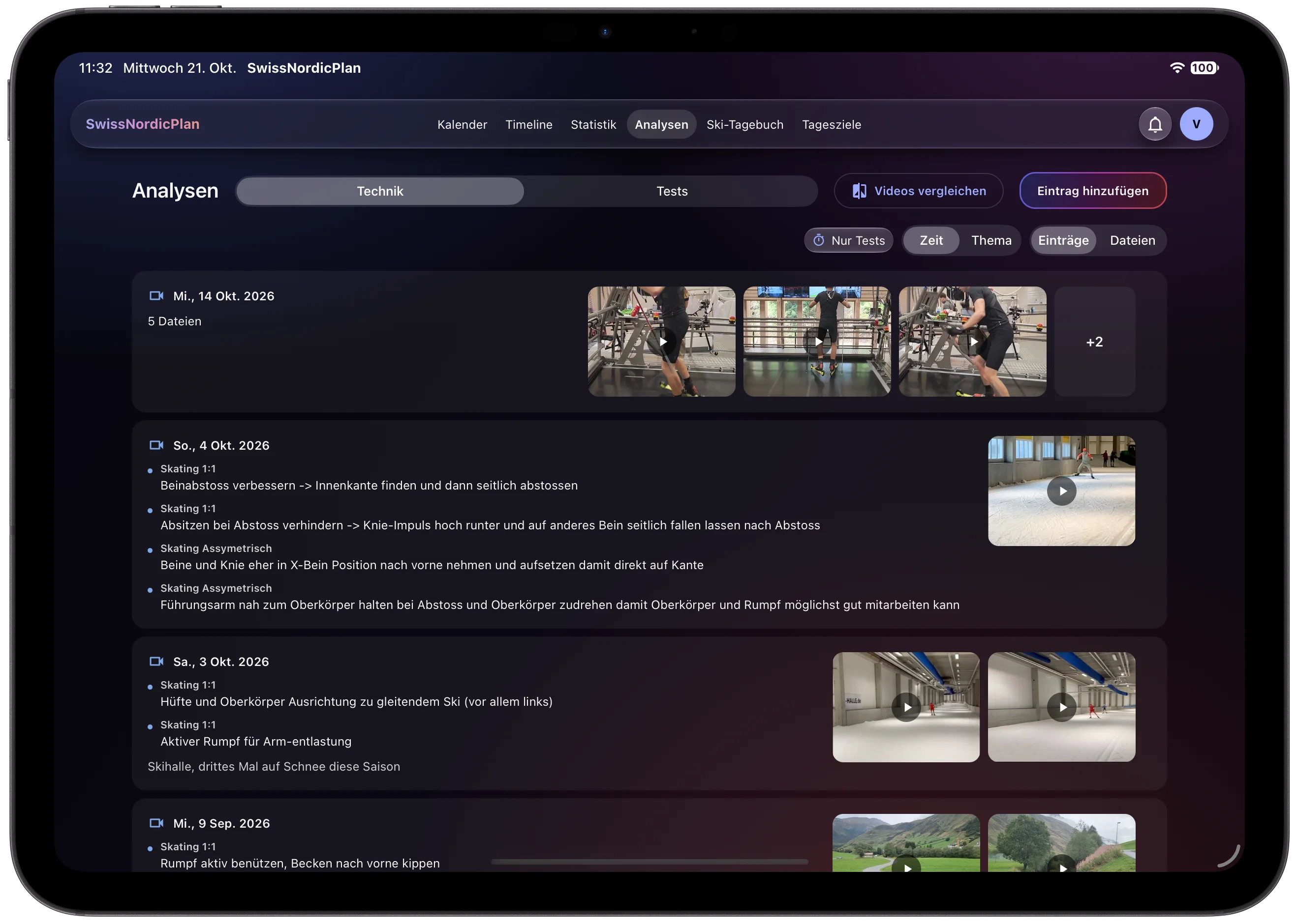 Analysis page on the iPad: technique videos with notes